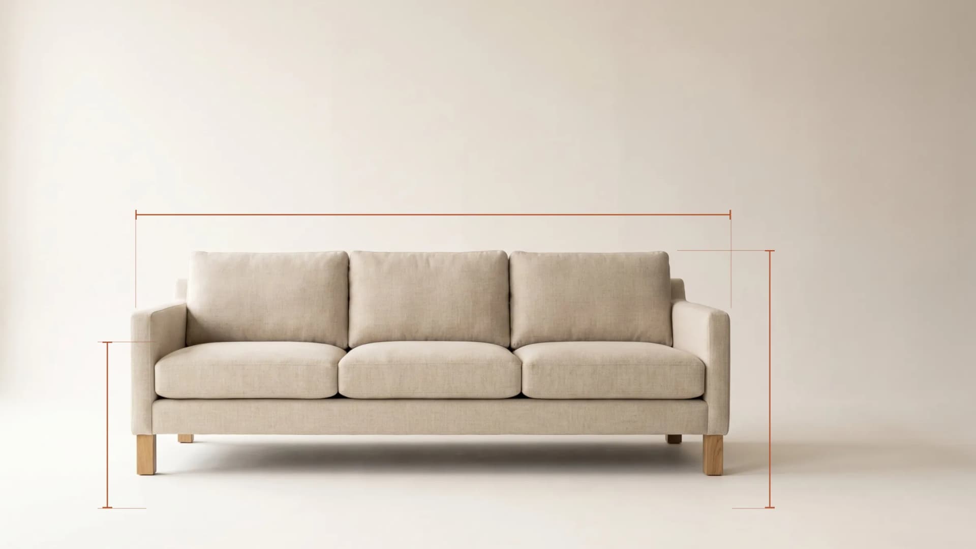 Three-seat sofa with its width, height and seat height marked