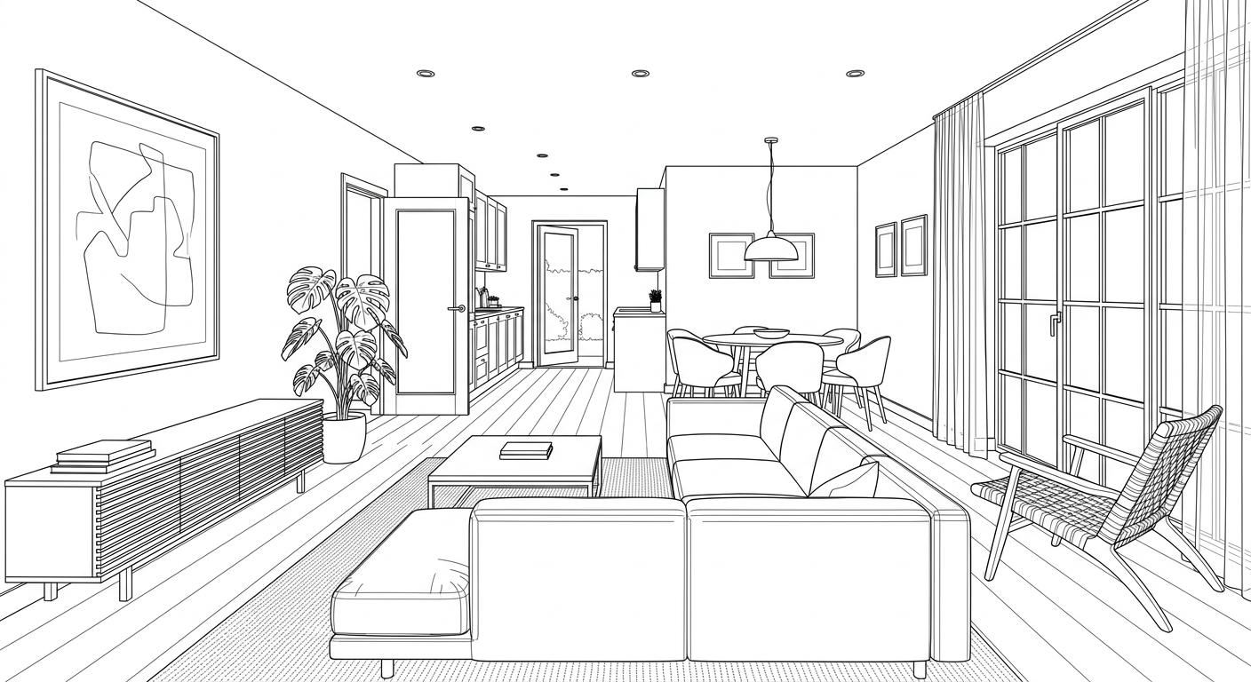 Line drawing of a furnished room viewed from the window side