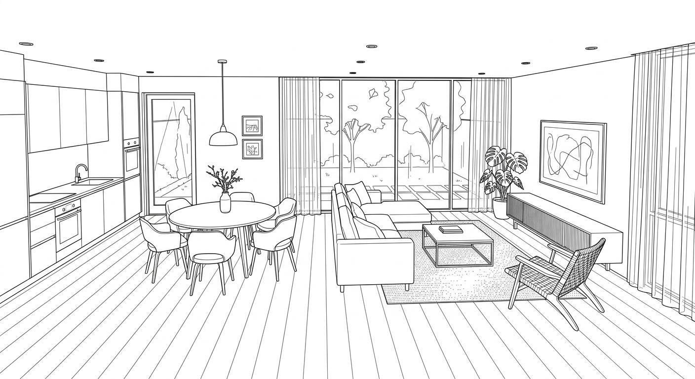 Line drawing of a furnished open-plan room