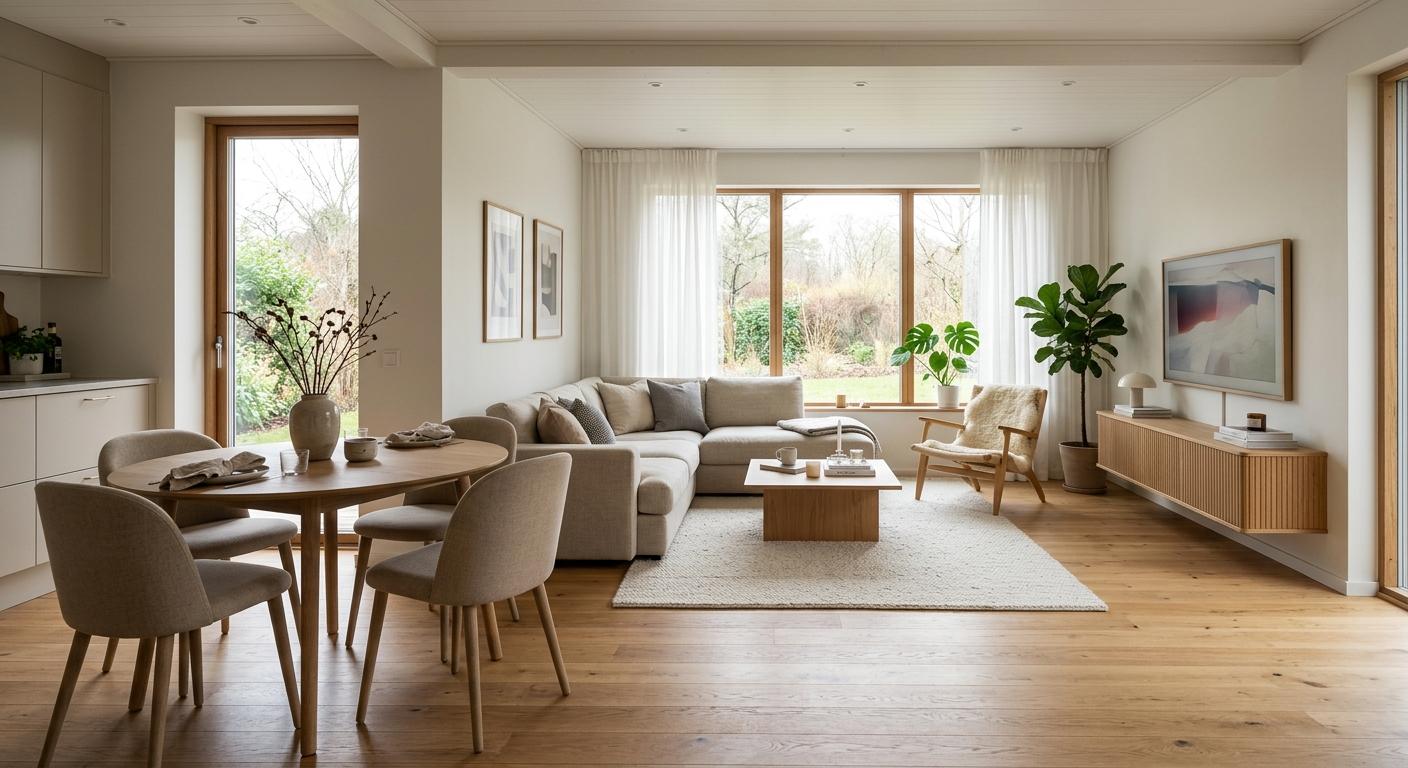 Photoreal render of a furnished living room where every item is a real, orderable product