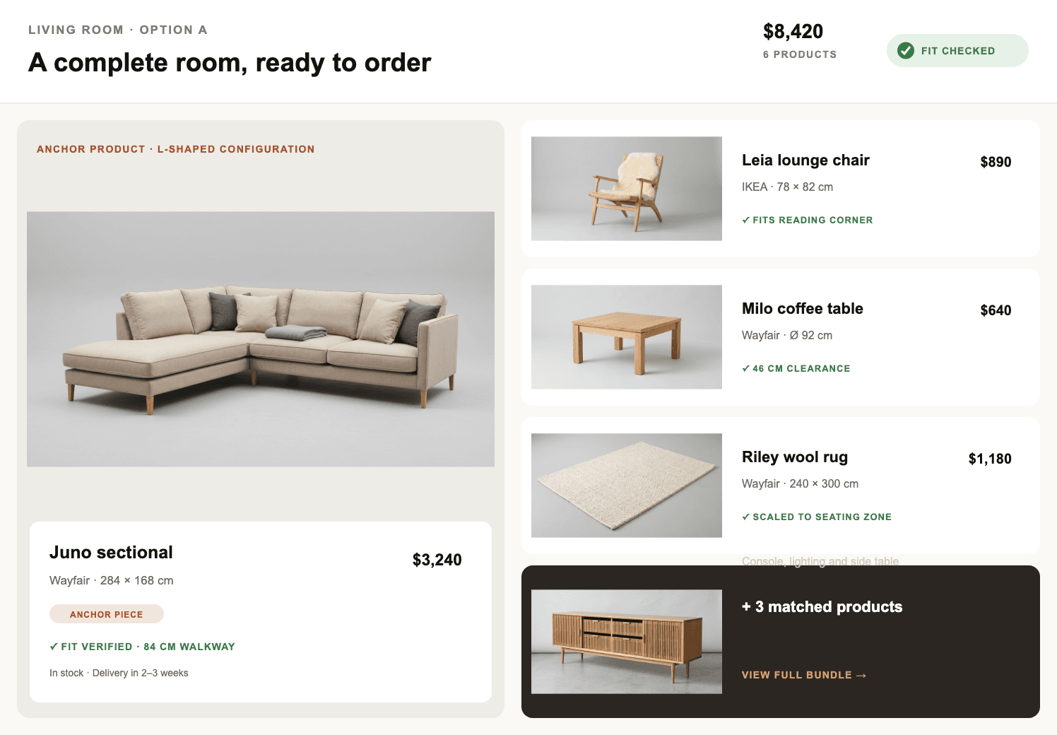 A Decato furniture bundle sheet: every product real, in stock, fit-checked and priced