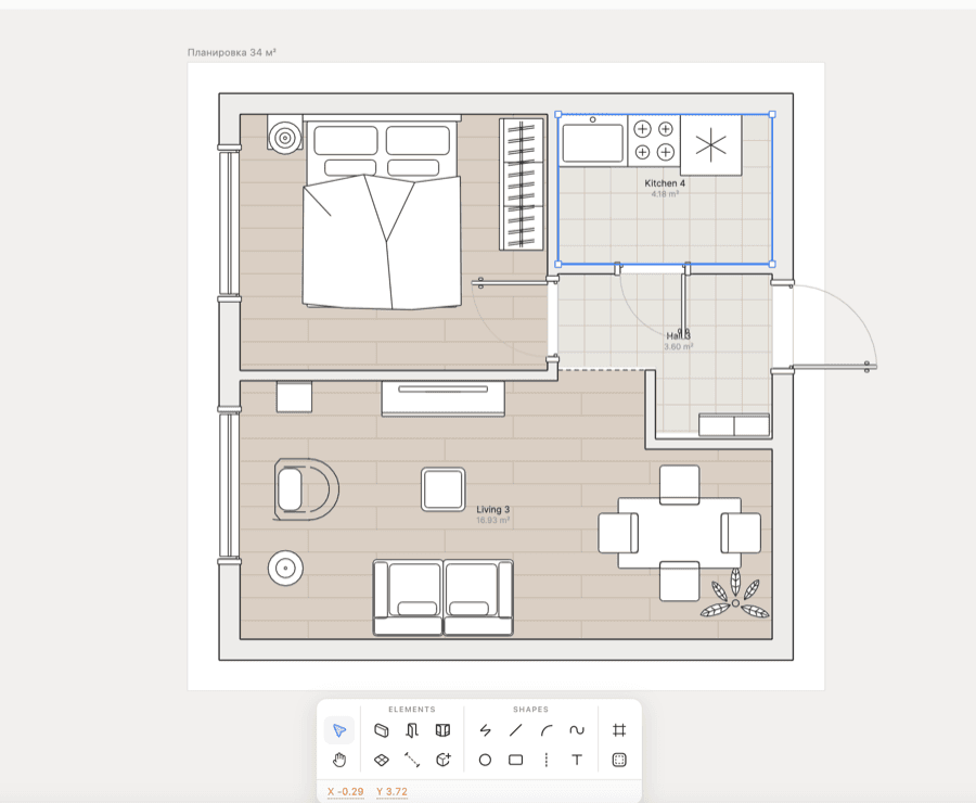 A floor plan open on the Decato canvas, with rooms measured and labelled