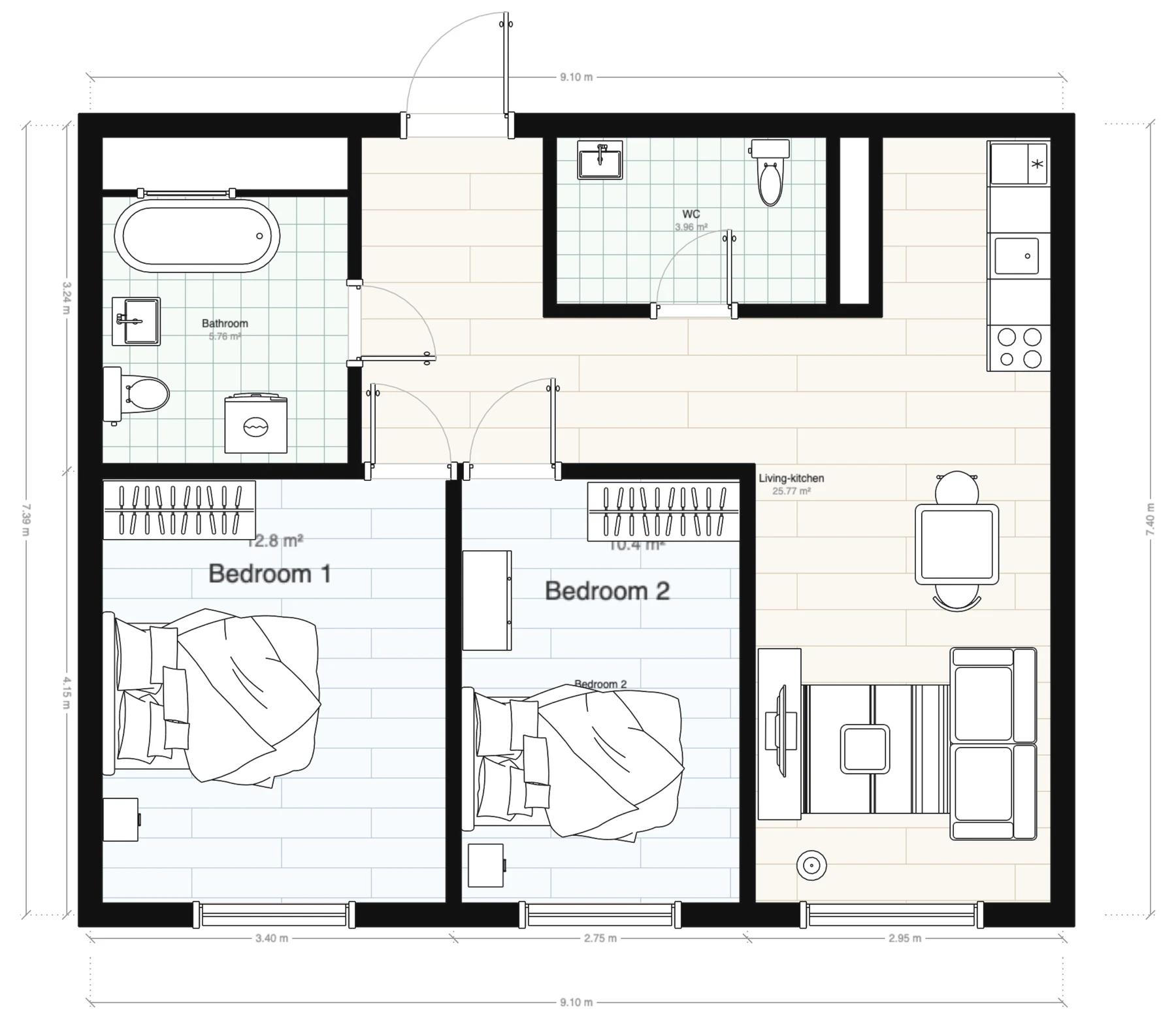 The apartment floor plan with room names, measured areas and dimension lines