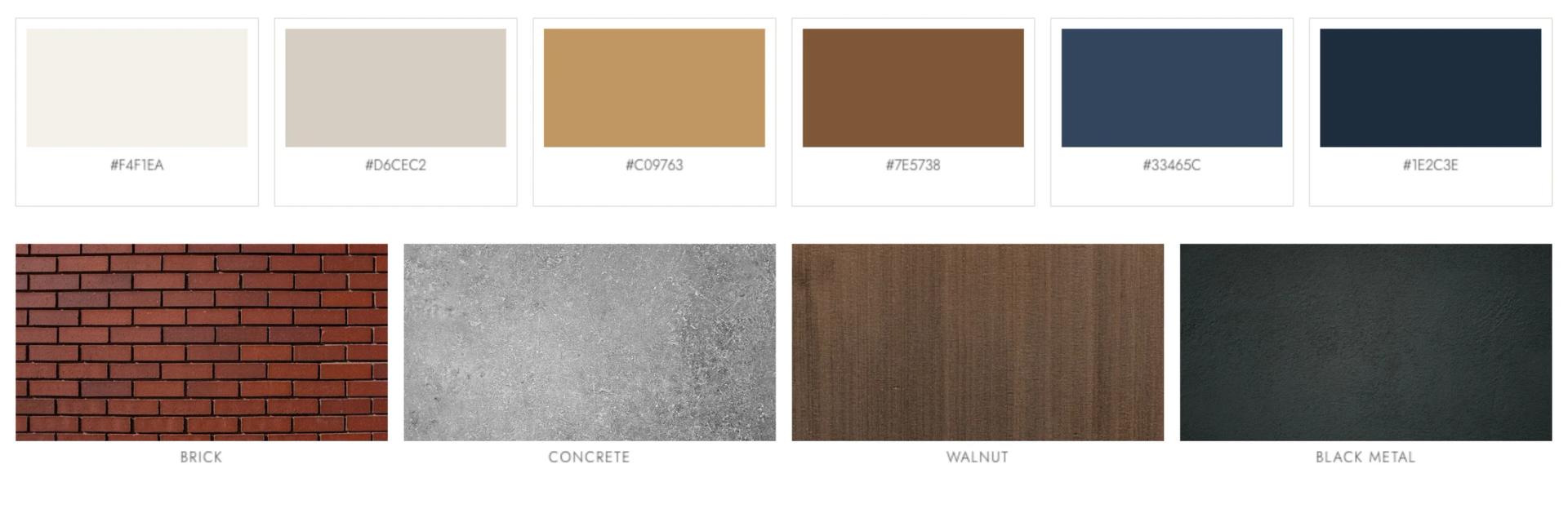 The project moodboard: six colour swatches with hex values and four material textures