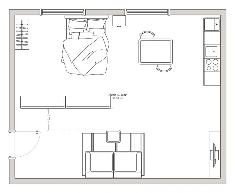 Floor plan of a studio divided by a free-standing counter, with the clear floor in front of it dimensioned