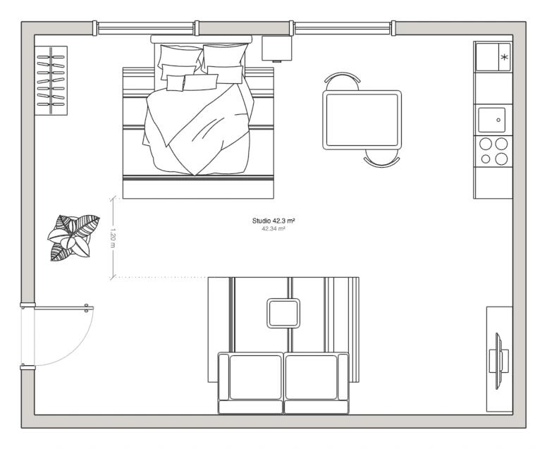 Floor plan of a studio zoned by two rugs, with the gap between them dimensioned and no divider standing on the floor