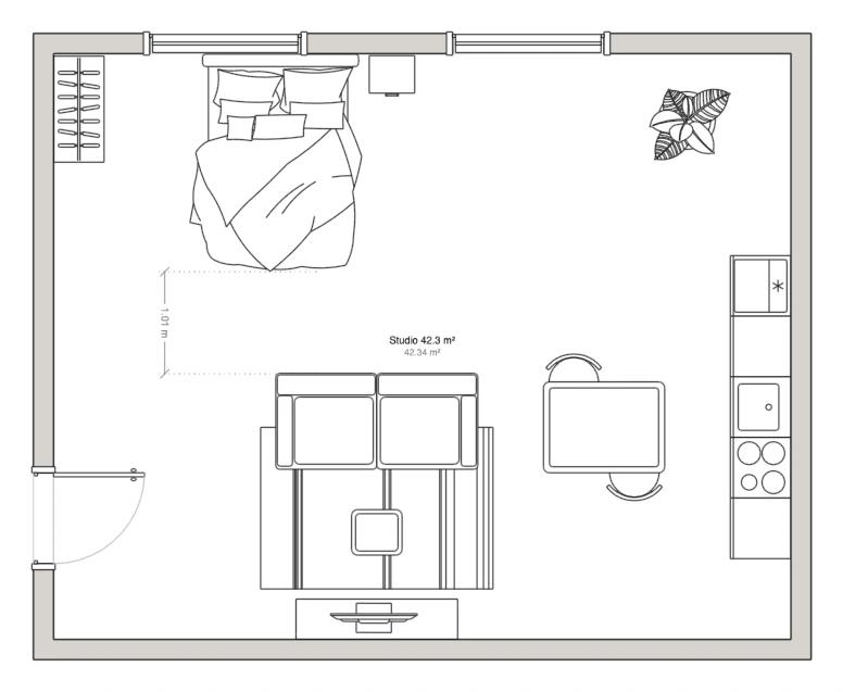Floor plan of a studio split along its long axis, with the sleeping half above the sofa and the living half below it