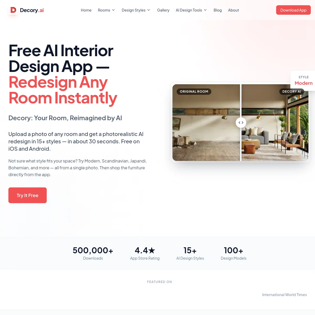 Decory AI room redesign tool homepage