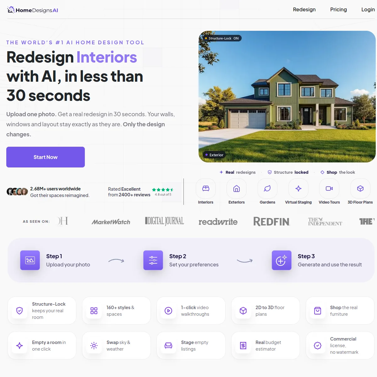 HomeDesigns AI interior style generator homepage