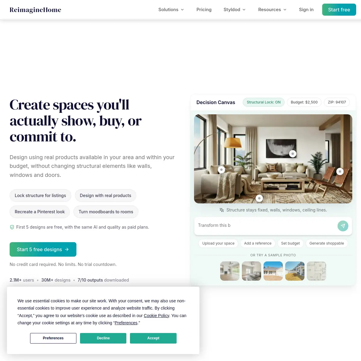 REimagineHome AI room staging tool homepage